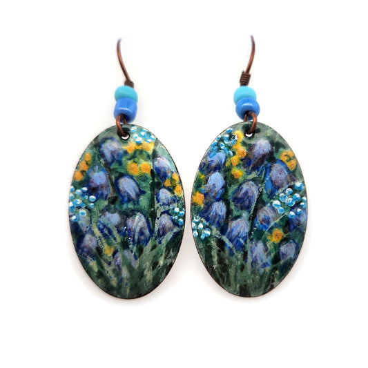 Hand Painted Oval Blue Floral Earrings
