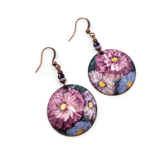 Hand Painted Round Purple Floral Earrings