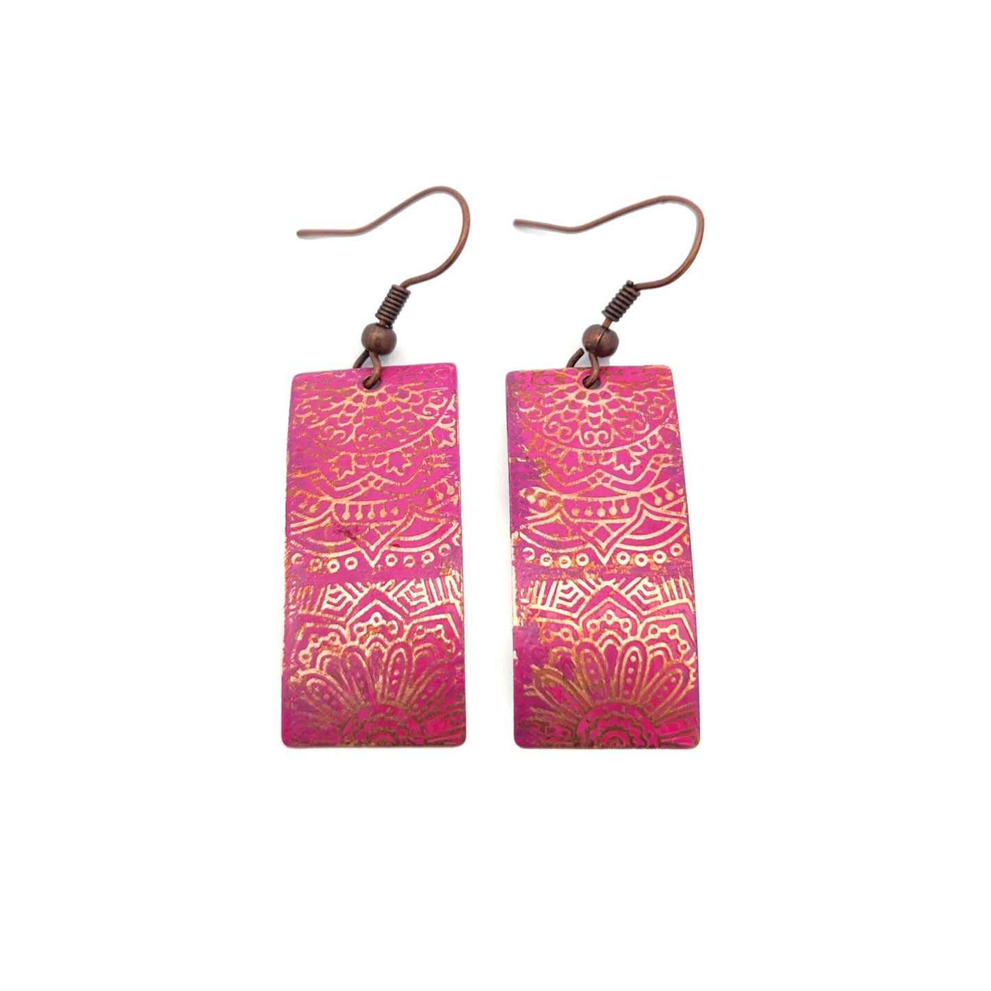 Pink Rectangle Painted Copper Earrings