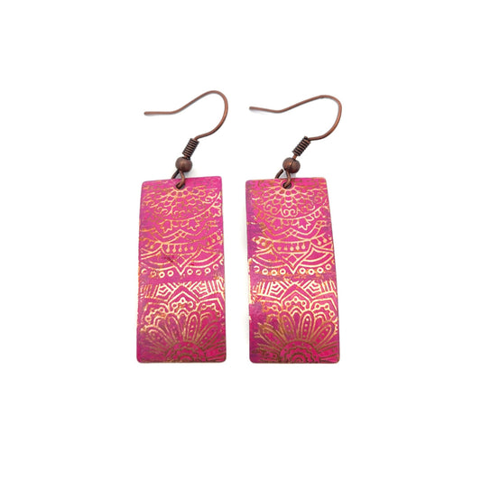 Pink Rectangle Painted Copper Earrings