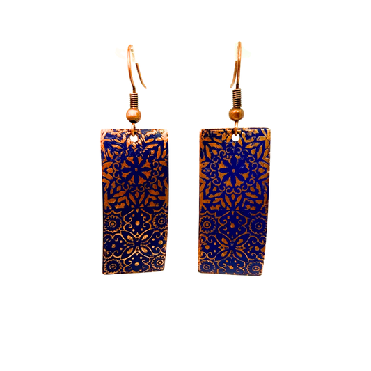 Blue Floral Painted Copper Earrings