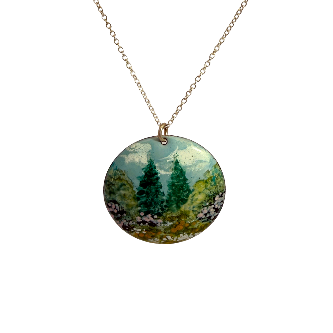 Twin Pines Painted Landscape Circle Pendant