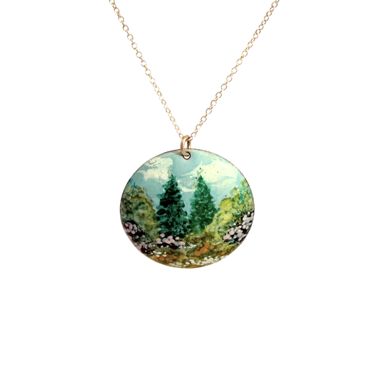 Twin Pines Painted Landscape Circle Pendant