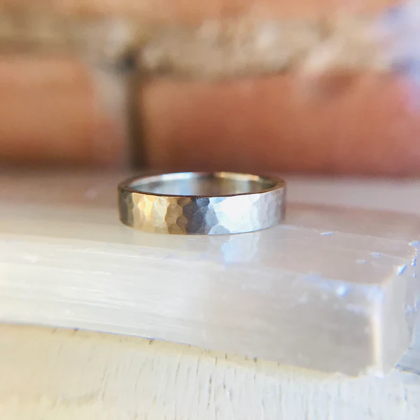 14k White 4mm Wide Flat Hammered Wedding Band.