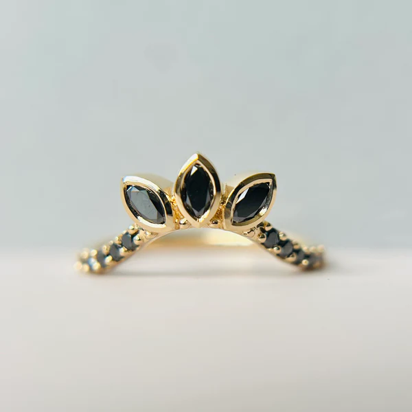 14k Yellow Contoured Band with 3 Black Marquise Diamonds and 10 Black Accent Diamonds.