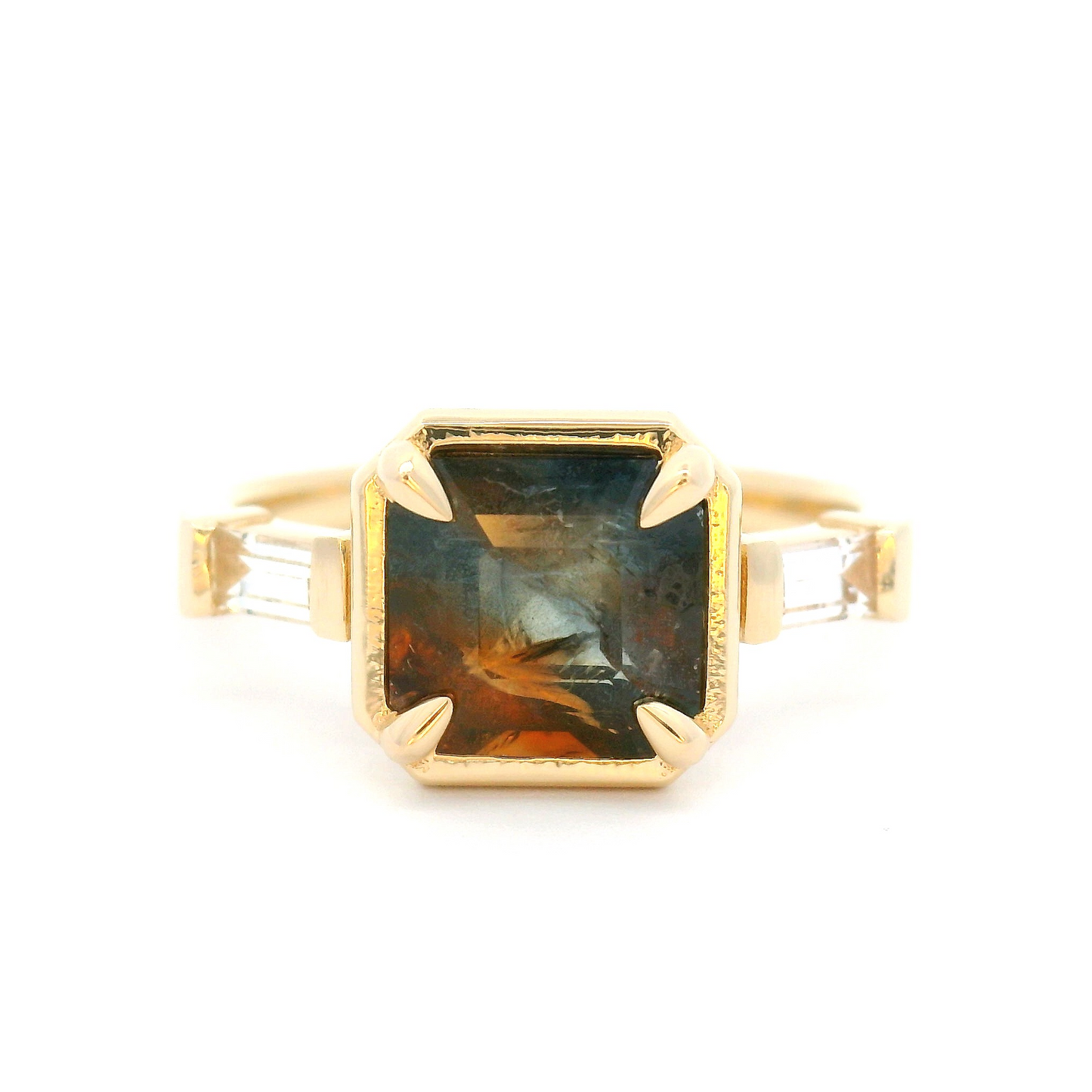 14k Yellow Three-Stone Ring with 2.13ct Parti Sapphire and Sapphire Baguettes