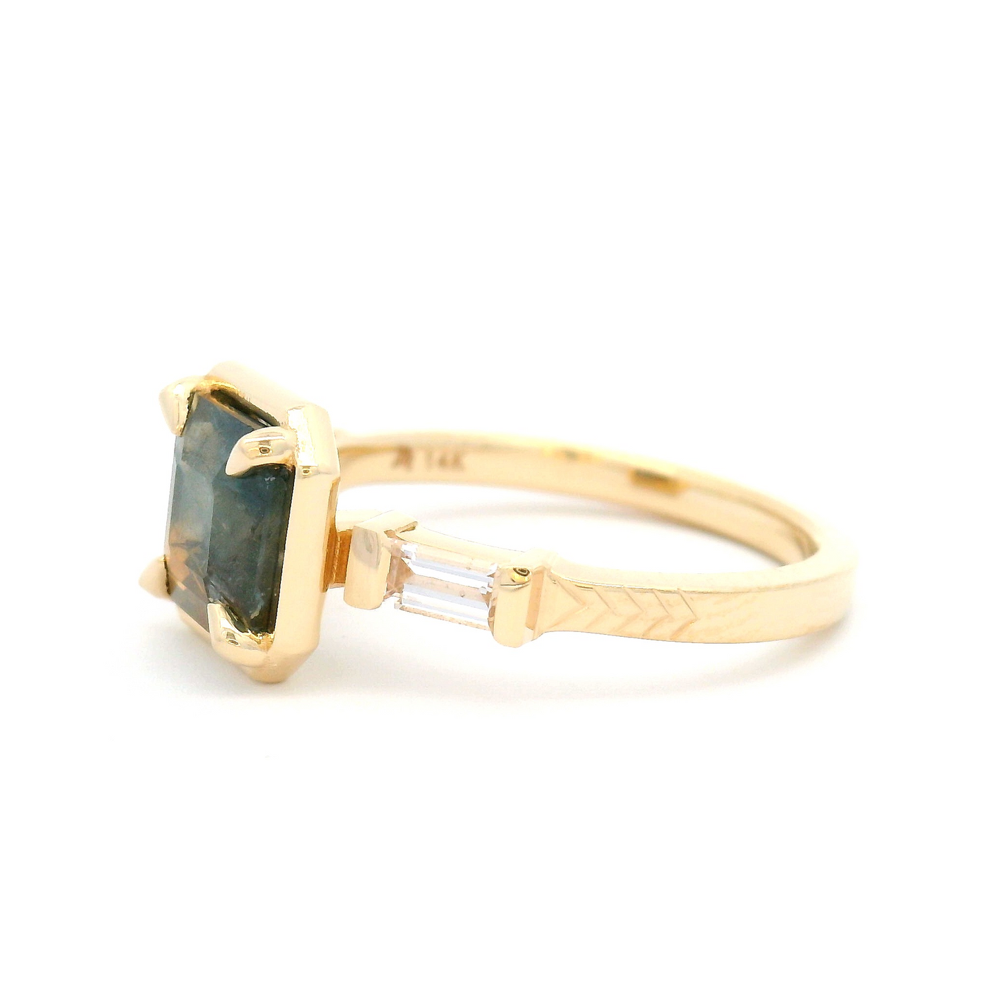14k Yellow Three-Stone Ring with 2.13ct Parti Sapphire and Sapphire Baguettes