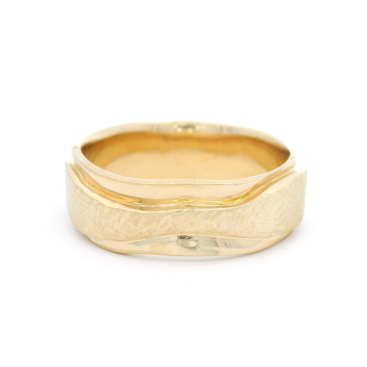 14k Yellow Gold Band 7mm Wide Hand Carved with Textured Ribbon