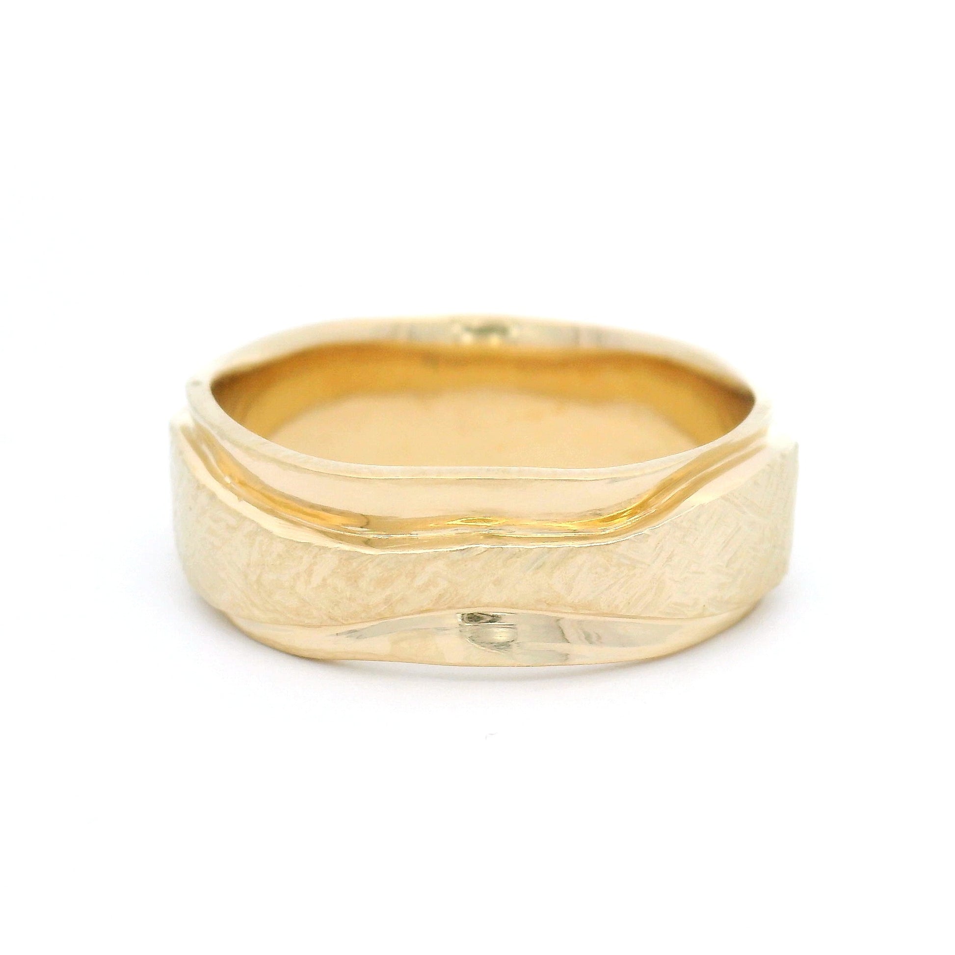 14k Yellow Gold Band 7mm Wide Hand Carved with Textured Ribbon