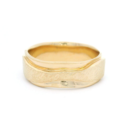 14k Yellow Gold Band 7mm Wide Hand Carved with Textured Ribbon