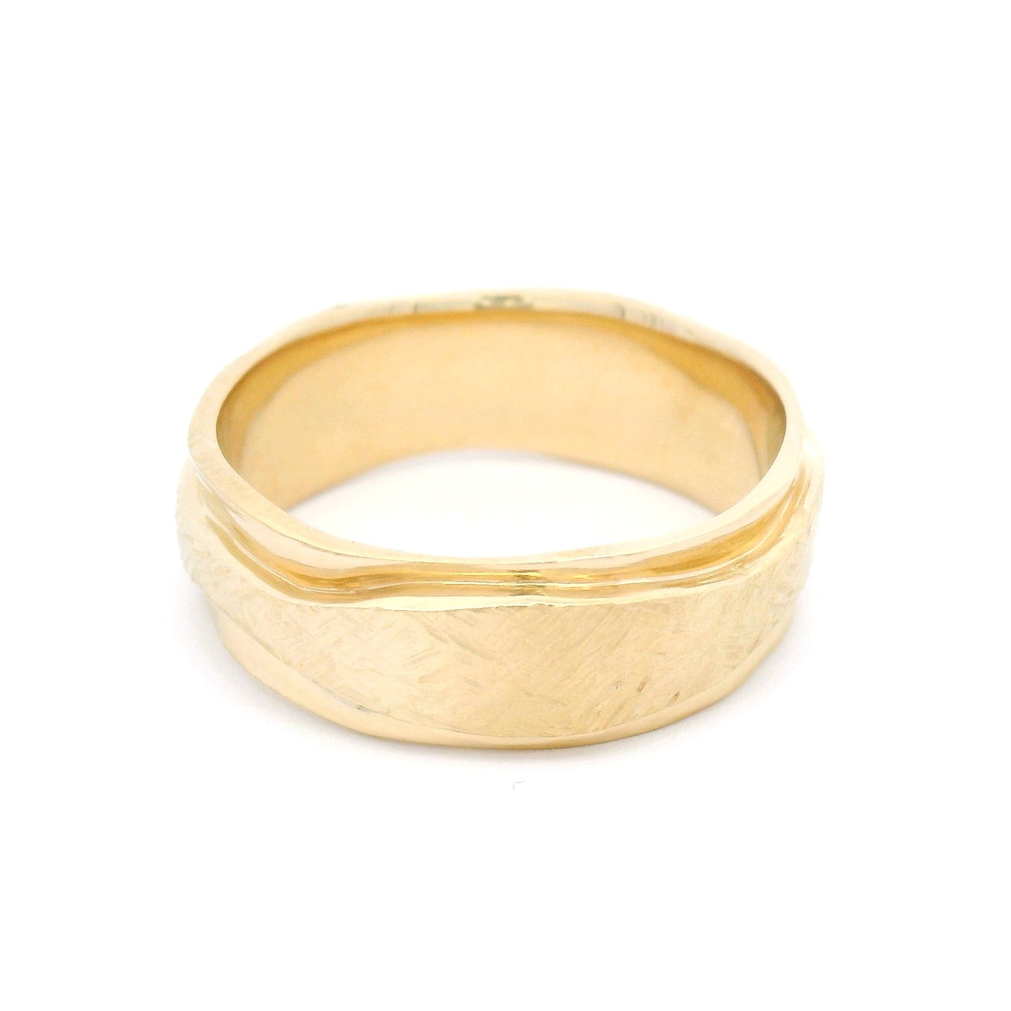 14k Yellow Gold Band 7mm Wide Hand Carved with Textured Ribbon