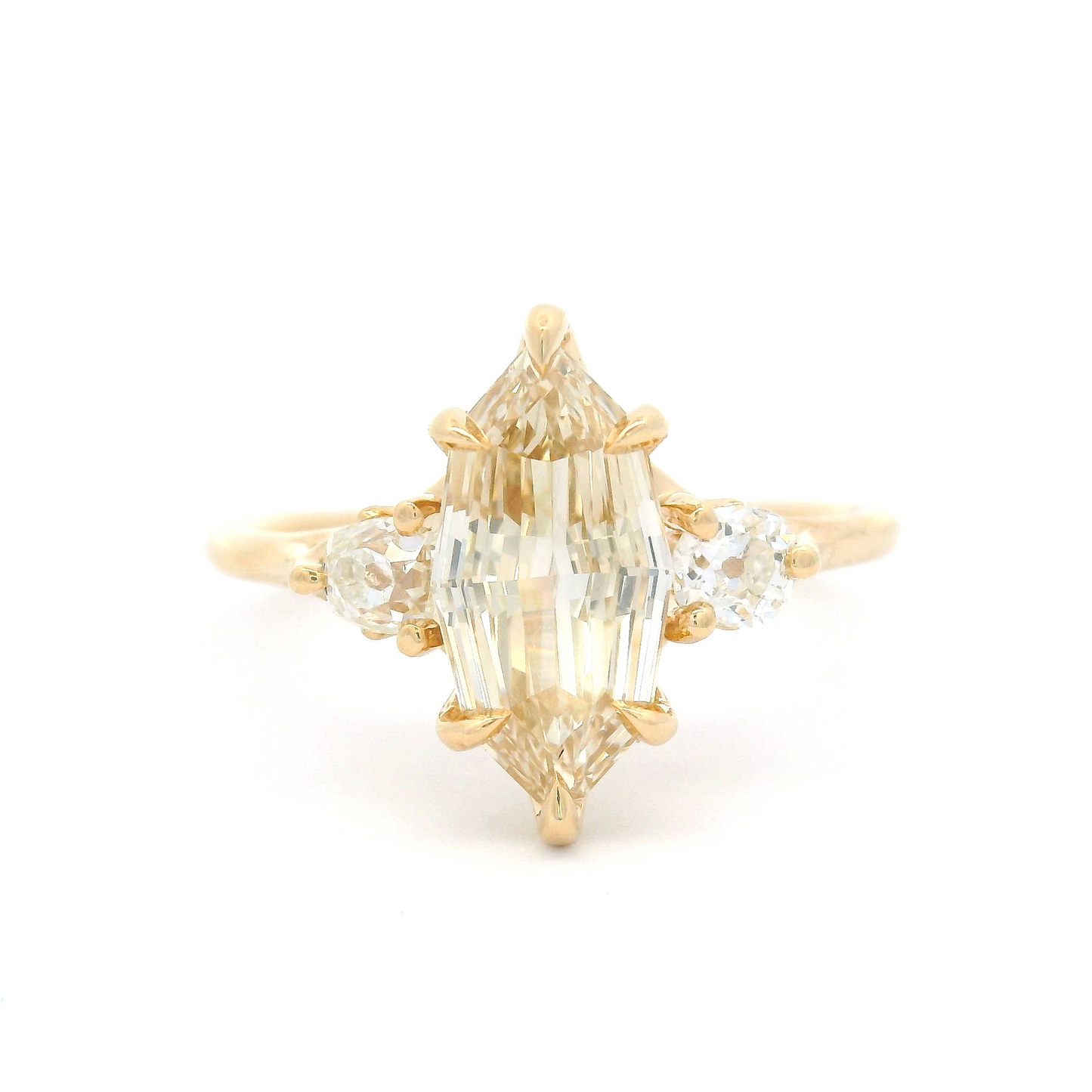 14k Yellow 3-Stone Ring with 1.5ct Natural Light-Brown Diamond and Two Old Mine Cut Diamond
