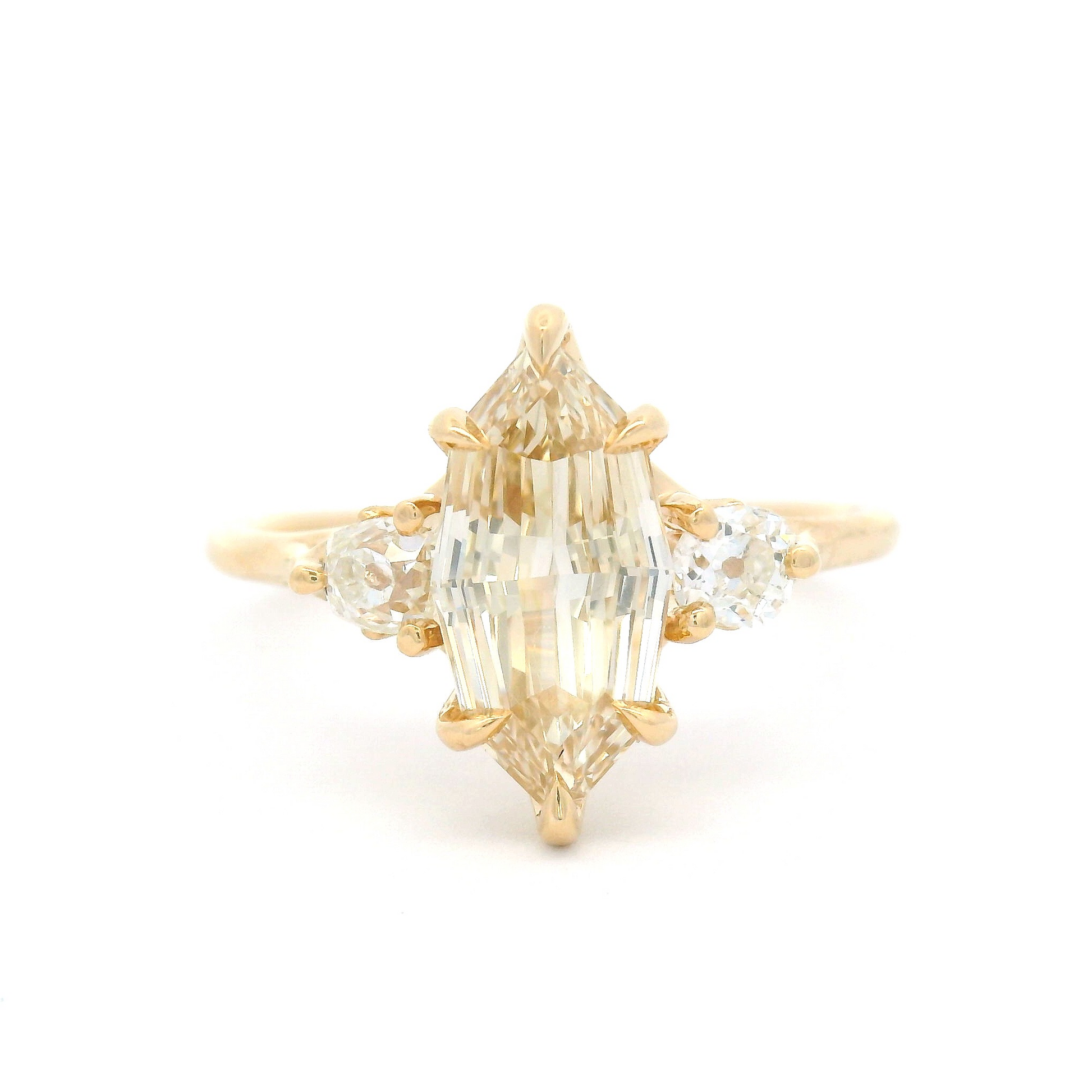 14k Yellow 3-Stone Ring with 1.5ct Natural Light-Brown Diamond and Two Old Mine Cut Diamond