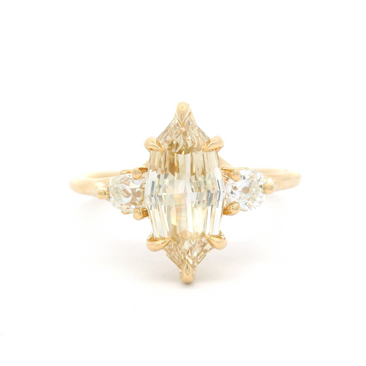 14k Yellow 3-Stone Ring with 1.5ct Natural Light-Brown Diamond and Two Old Mine Cut Diamond