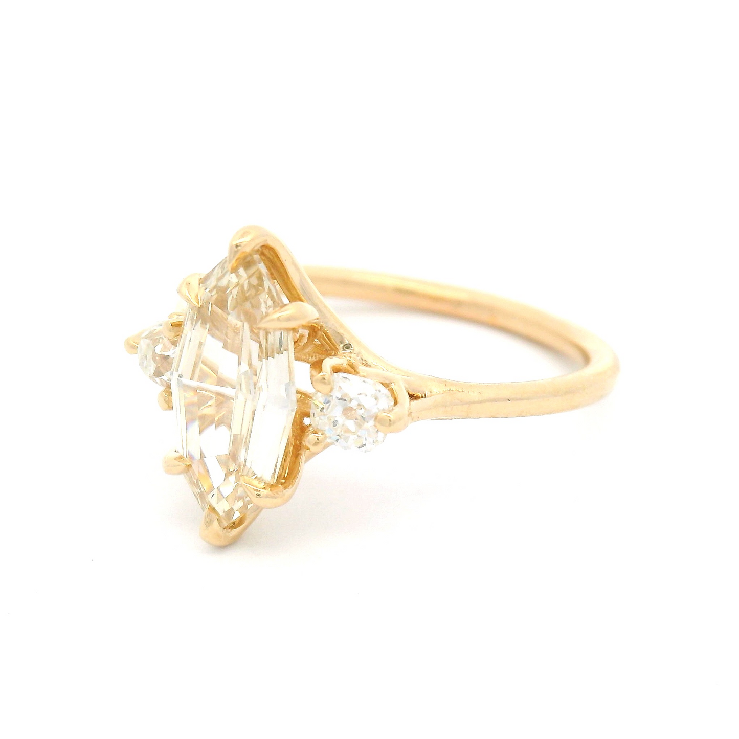 14k Yellow 3-Stone Ring with 1.5ct Natural Light-Brown Diamond and Two Old Mine Cut Diamond