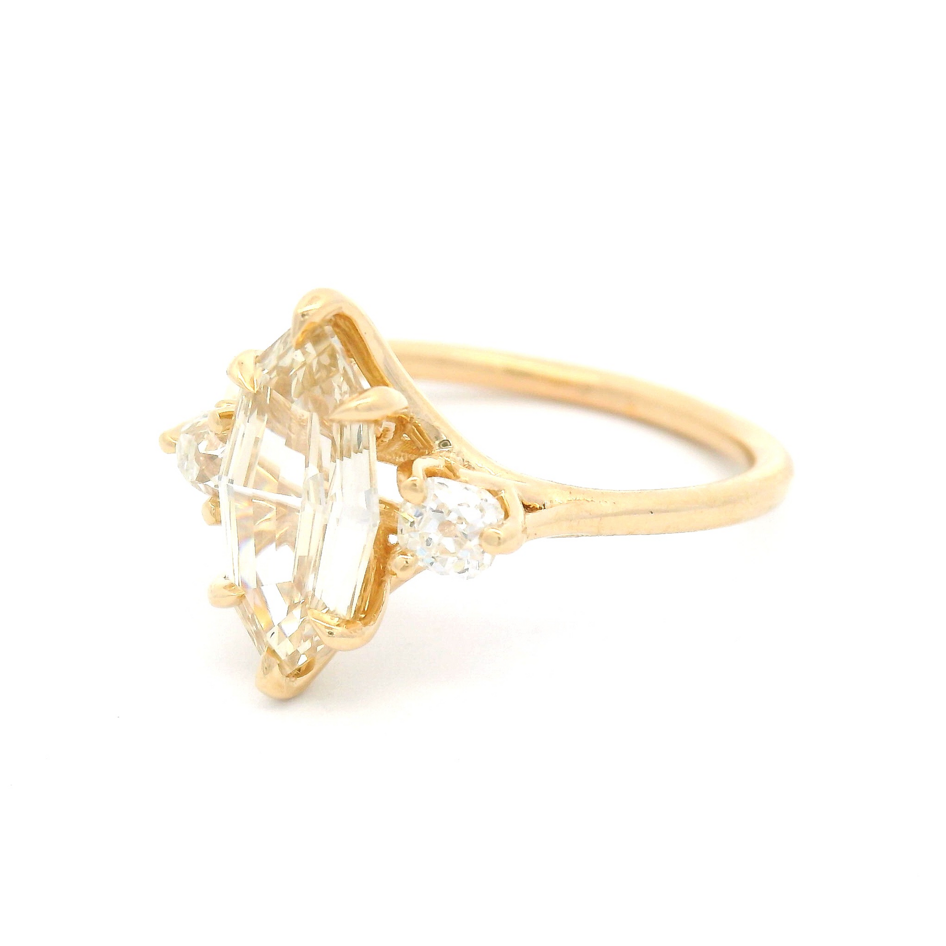 14k Yellow 3-Stone Ring with 1.5ct Natural Light-Brown Diamond and Two Old Mine Cut Diamond