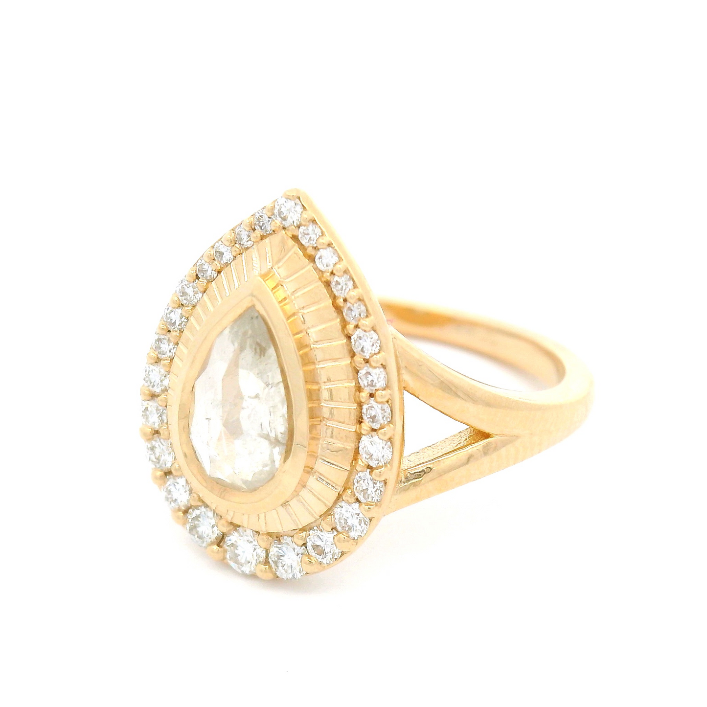14k Yellow Halo Ring with 0.93ct Natural Icy Rose-Cut Diamond and Accent Natural Diamonds