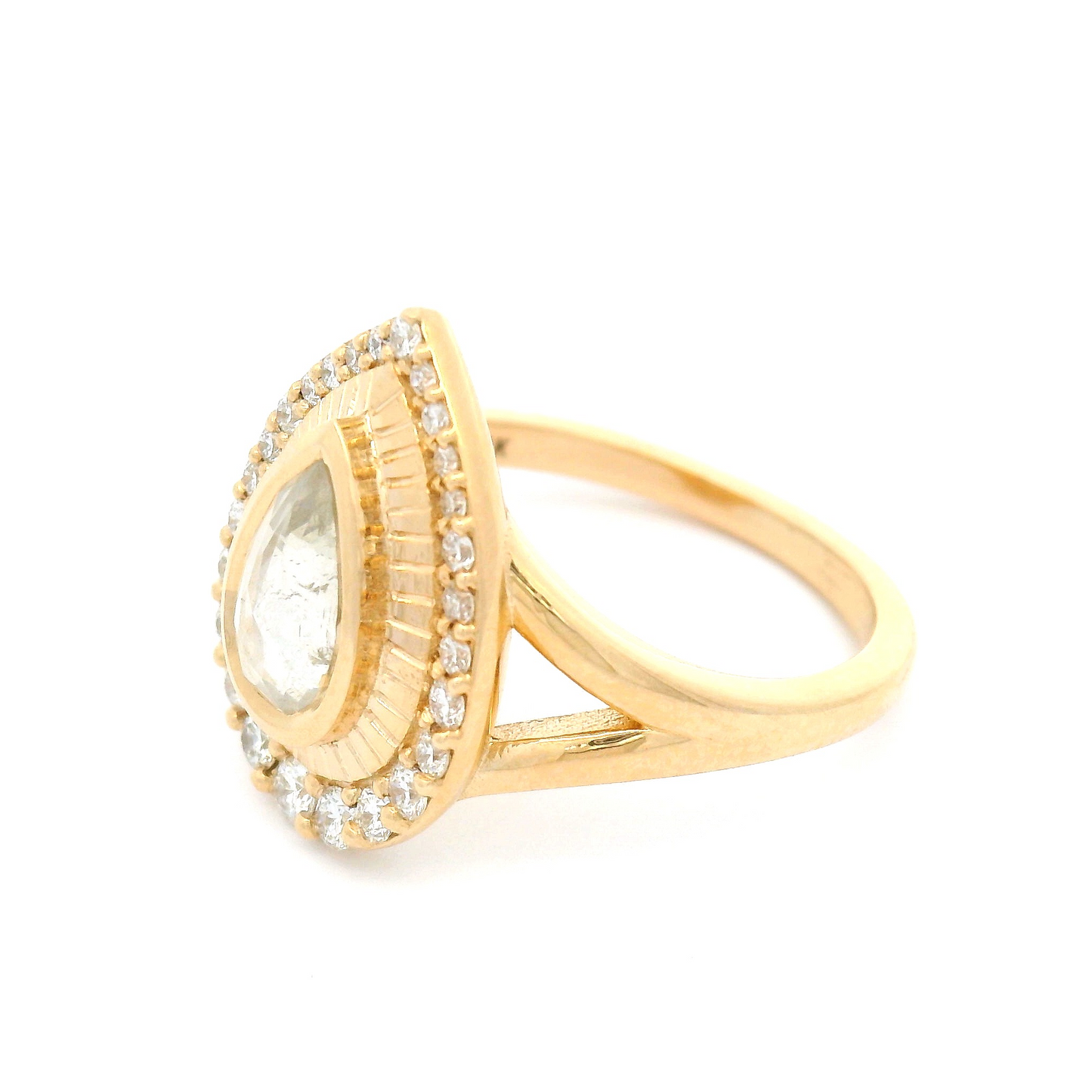 14k Yellow Halo Ring with 0.93ct Natural Icy Rose-Cut Diamond and Accent Natural Diamonds