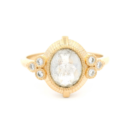 14k Yellow Ring with 1.66ct Natural Icy Oval Rose-Cut Diamond and Accent Diamonds