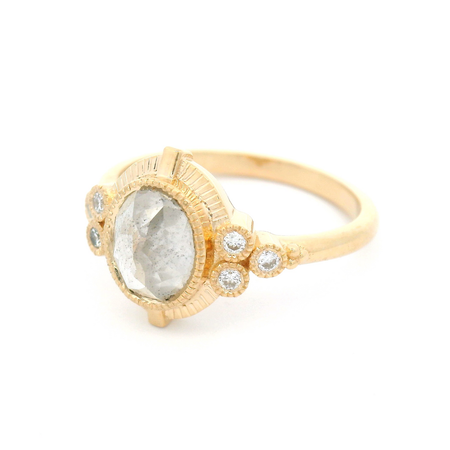 14k Yellow Ring with 1.66ct Natural Icy Oval Rose-Cut Diamond and Accent Diamonds