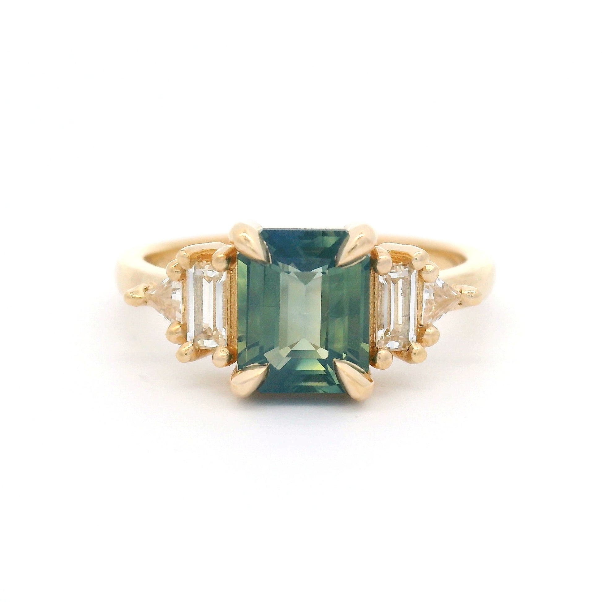 14k Yellow Engagement Ring with Natural 1.58ct Green-Blue Sapphire and Accent White Sapphires