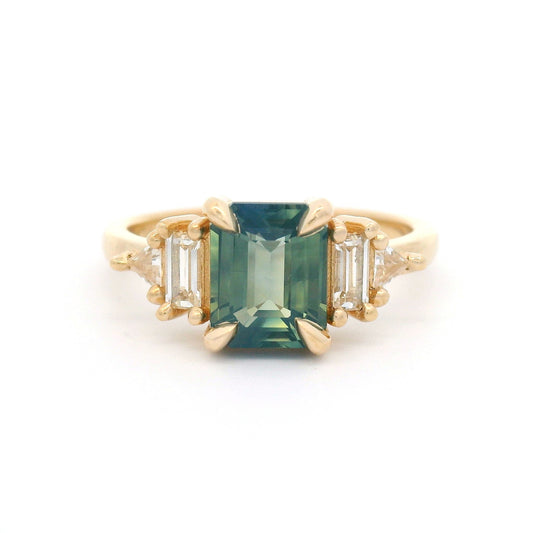 14k Yellow Engagement Ring with Natural 1.58ct Green-Blue Sapphire and Accent White Sapphires