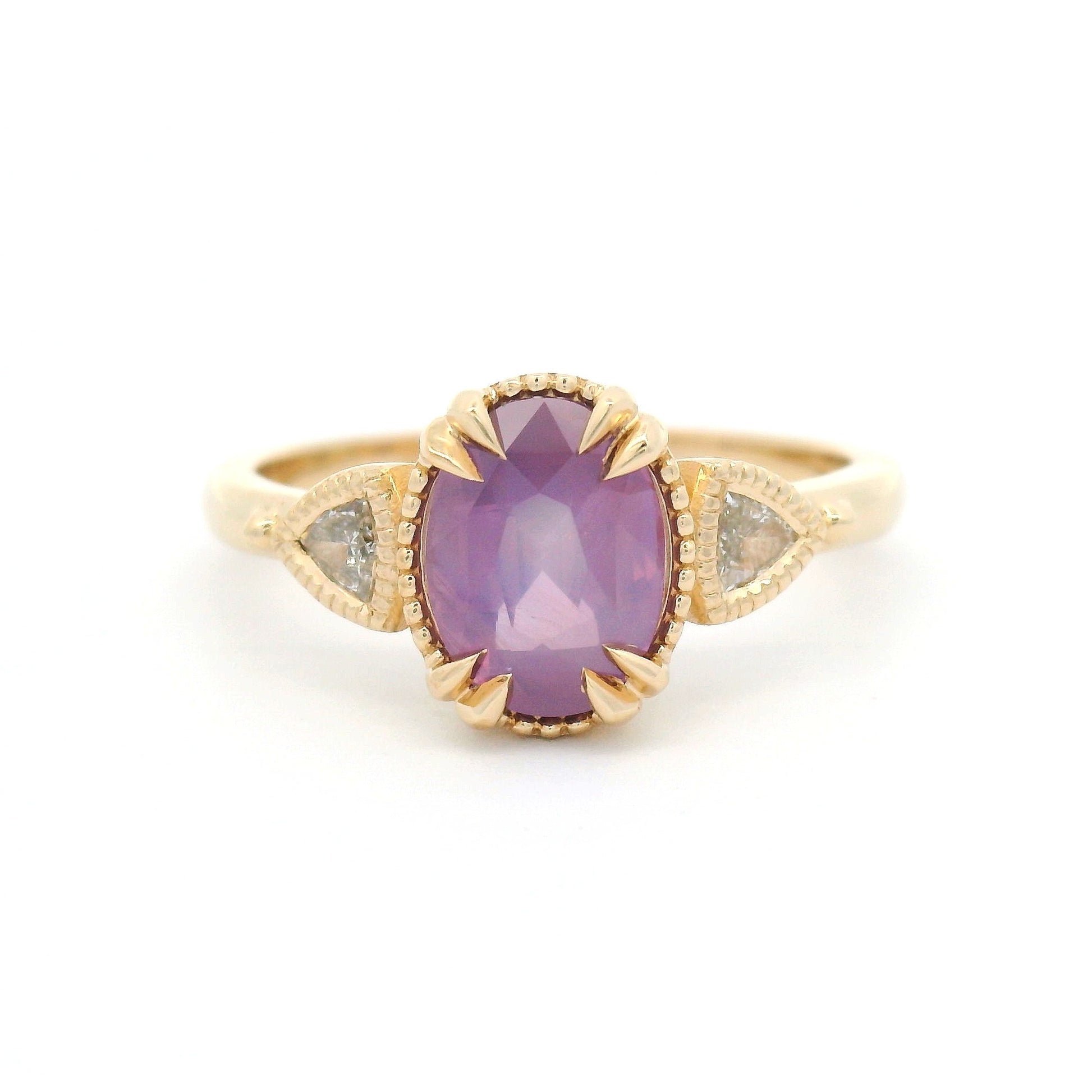 14k Yellow Three-Stone Ring with 1.51ct Natural Pink Sapphire and Natural Diamonds