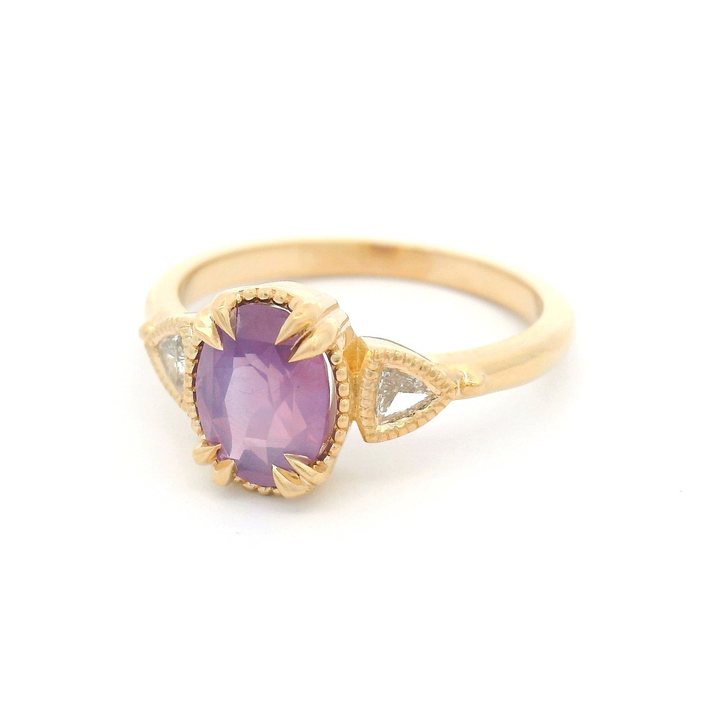 14k Yellow Three-Stone Ring with 1.51ct Natural Pink Sapphire and Natural Diamonds