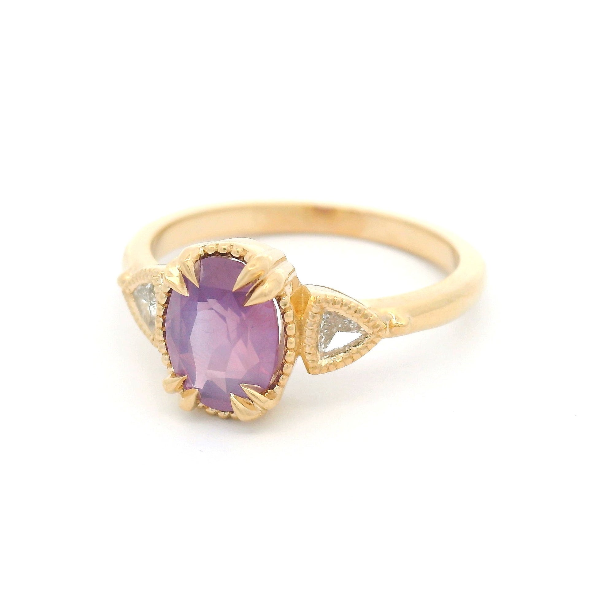 14k Yellow Three-Stone Ring with 1.51ct Natural Pink Sapphire and Natural Diamonds