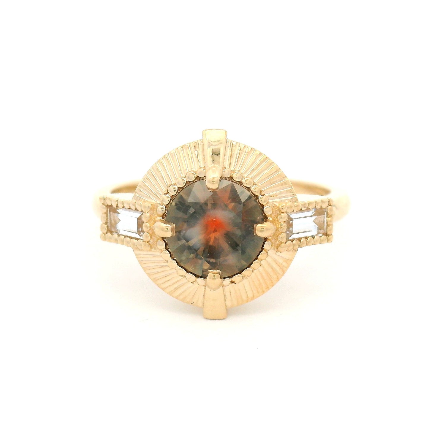 14k Yellow Three-Stone Ring with Natural 1.07ct Brown Sapphire and White Baguette Sapphires