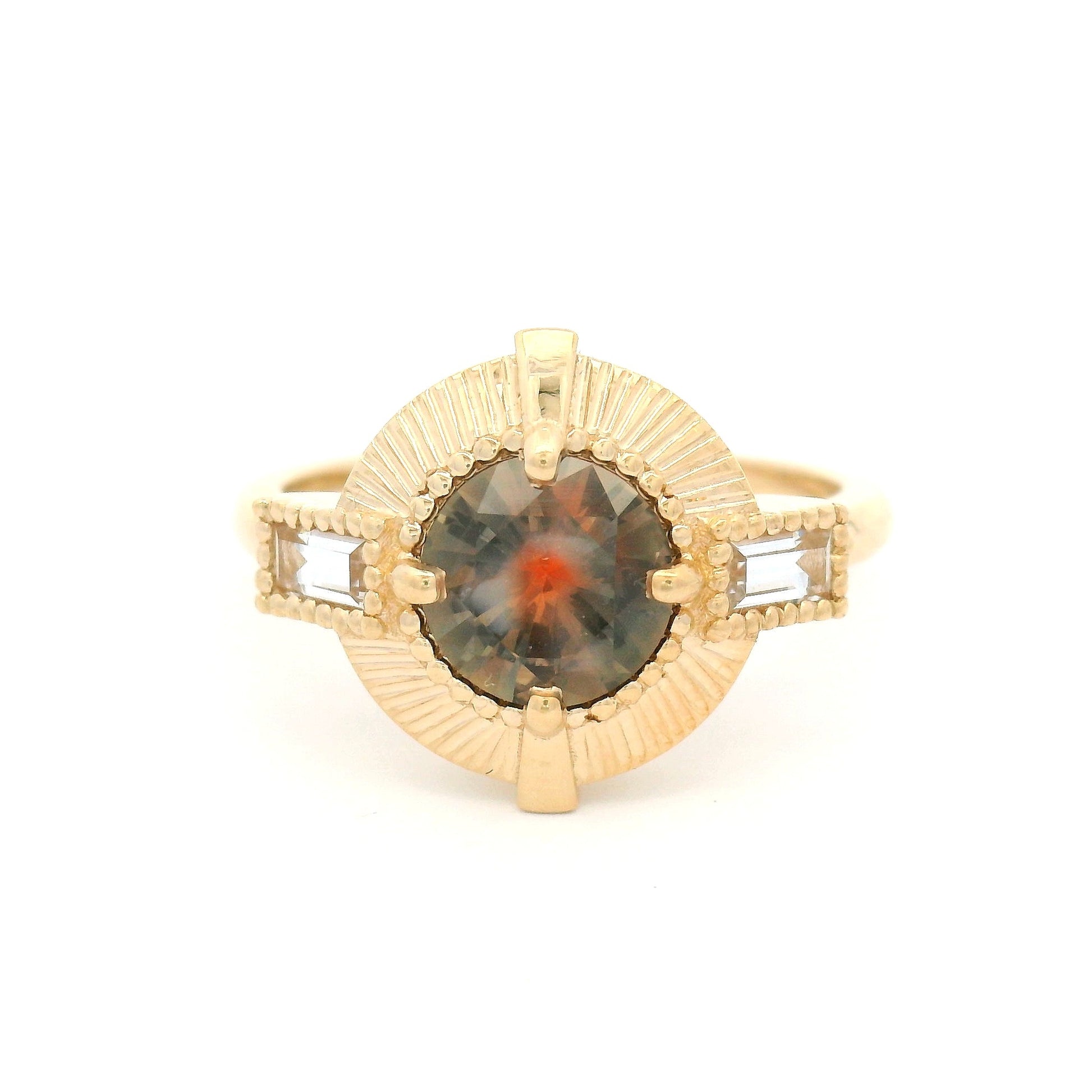 14k Yellow Three-Stone Ring with Natural 1.07ct Brown Sapphire and White Baguette Sapphires
