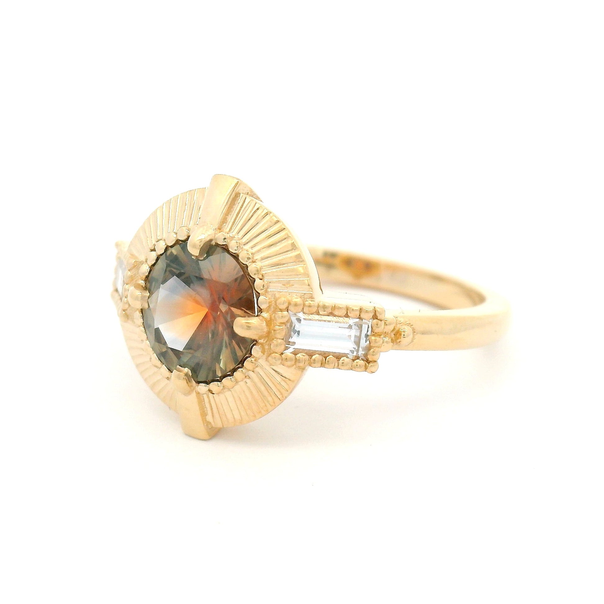 14k Yellow Three-Stone Ring with Natural 1.07ct Brown Sapphire and White Baguette Sapphires