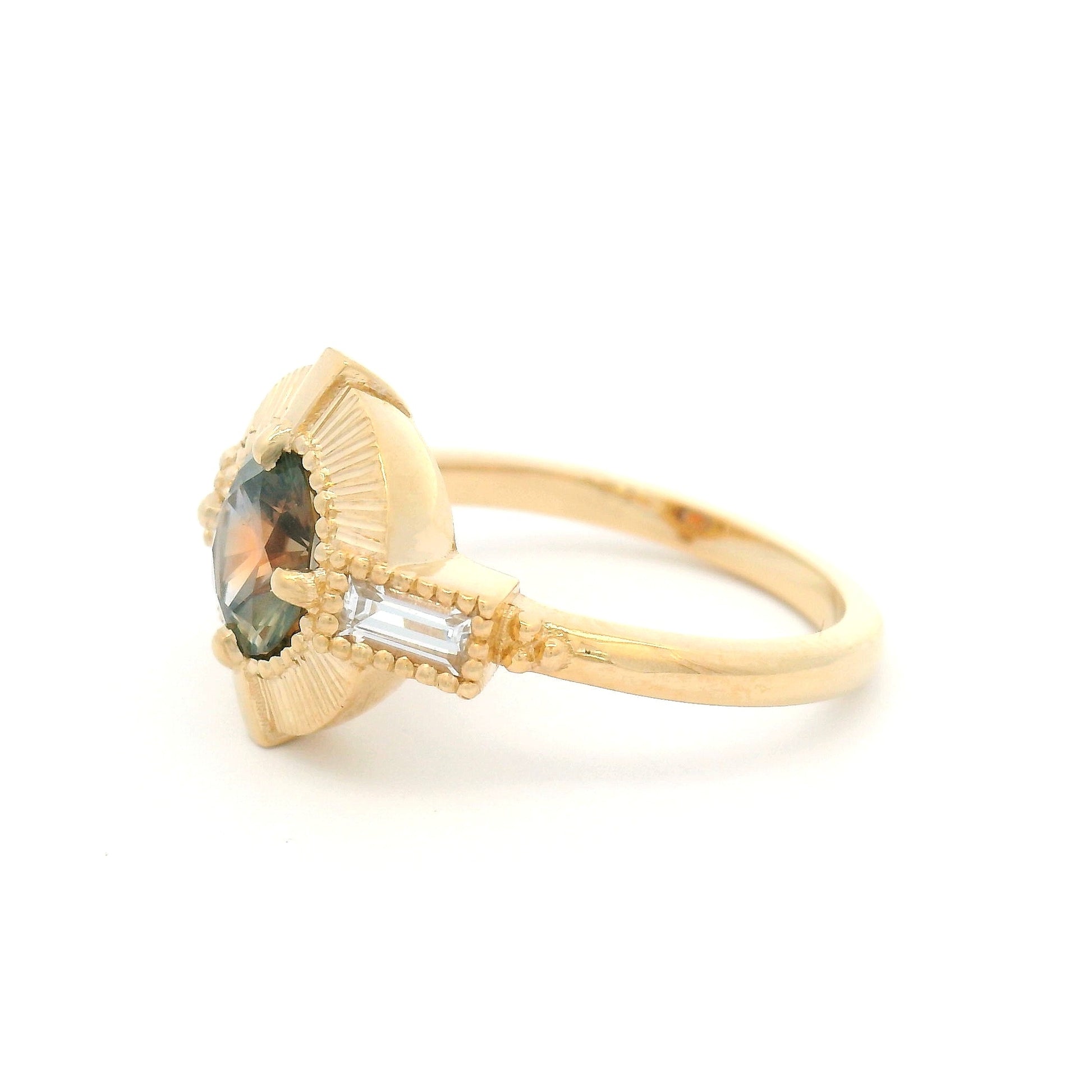 14k Yellow Three-Stone Ring with Natural 1.07ct Brown Sapphire and White Baguette Sapphires