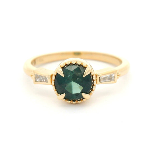 14k Yellow Three-Stone Ring with Natural 1.02ct Green Sapphire and Tapered Baguette Diamonds