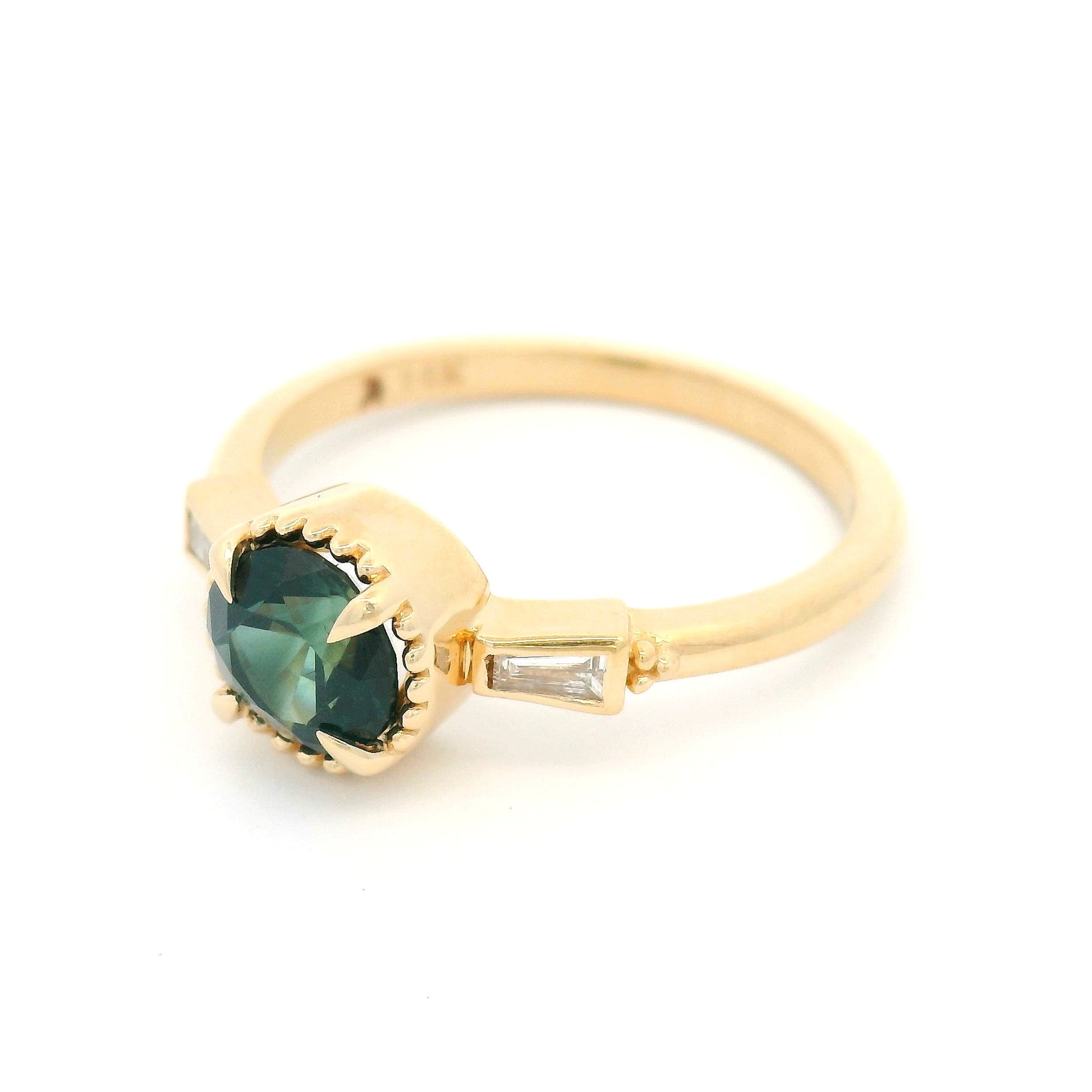 14k Yellow Three-Stone Ring with Natural 1.02ct Green Sapphire and Tapered Baguette Diamonds