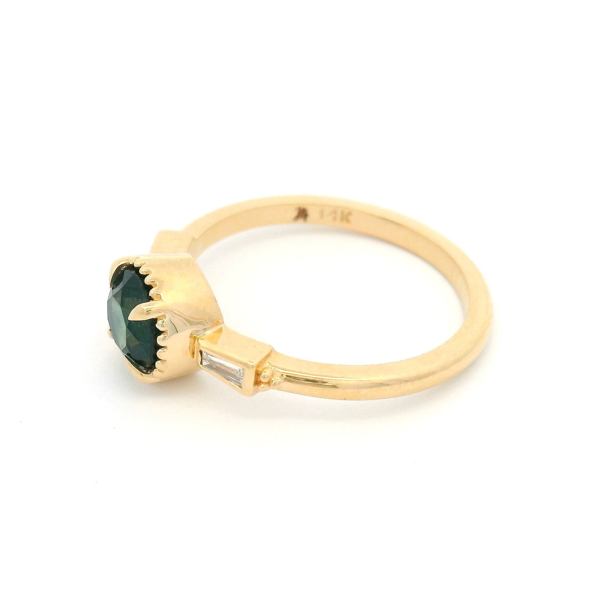14k Yellow Three-Stone Ring with Natural 1.02ct Green Sapphire and Tapered Baguette Diamonds