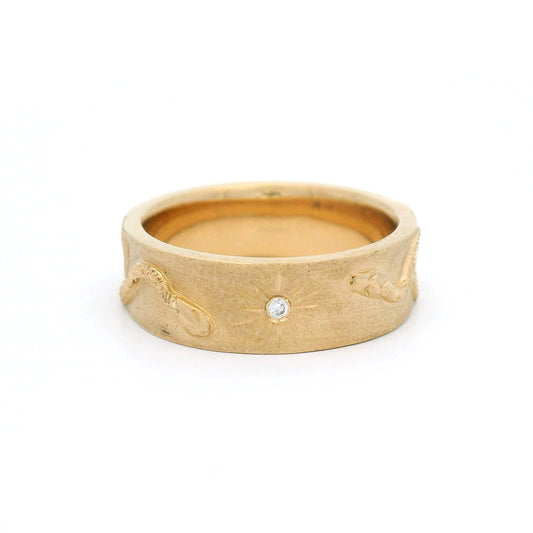 14k Yellow Hand Engraved Serpent Band with Accent Natural Diamonds