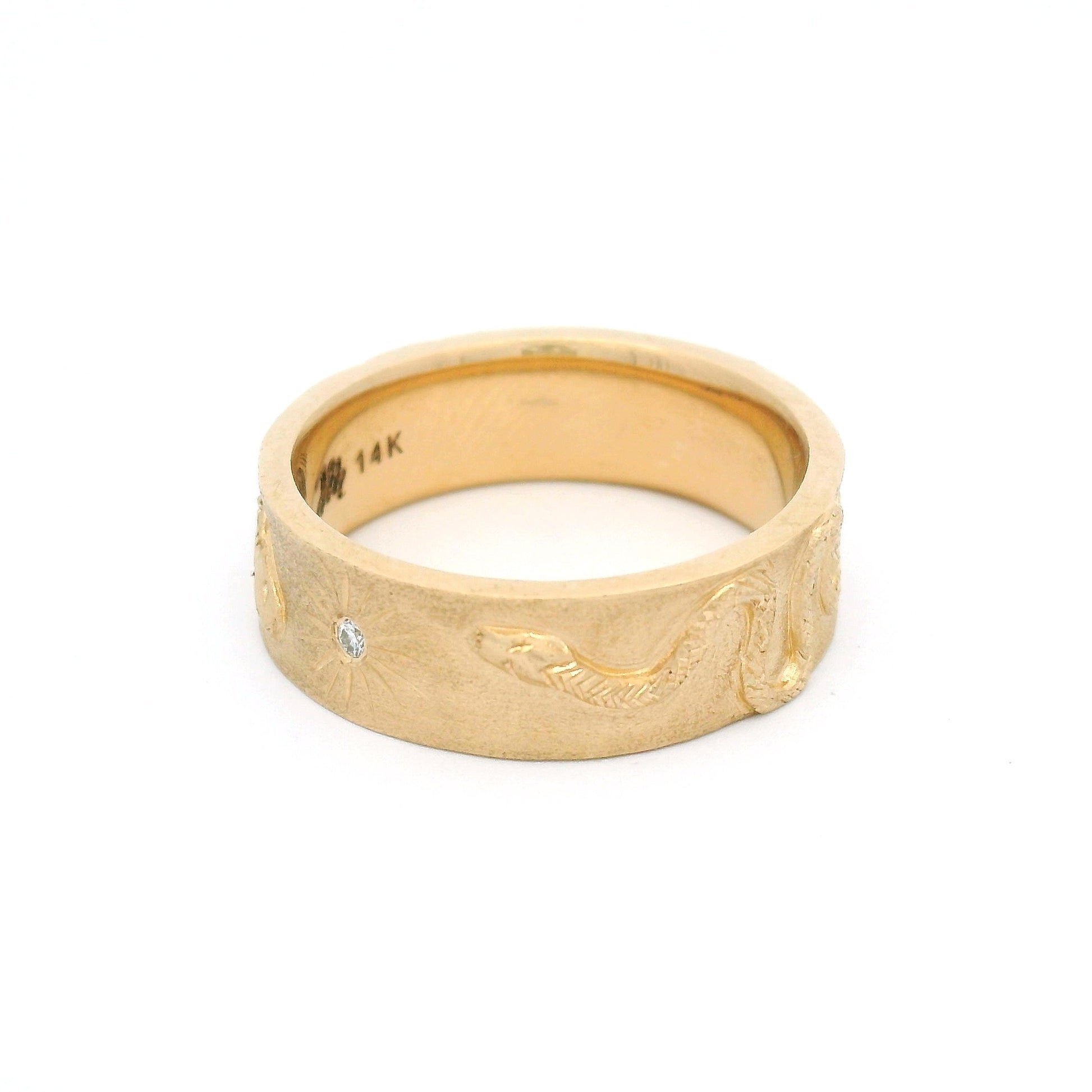14k Yellow Hand Engraved Serpent Band with Accent Natural Diamonds
