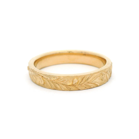 14K Yellow Gold 3.5mm Wide Hand Carved Olive Branch Band