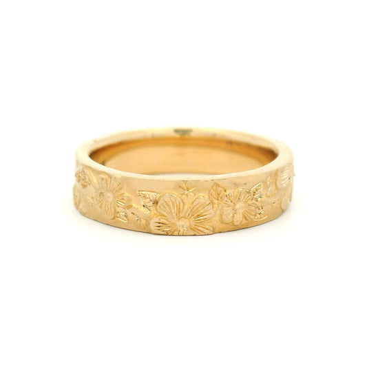 14K Yellow Gold 4.5mm Wide Hand Carved Blossom Band