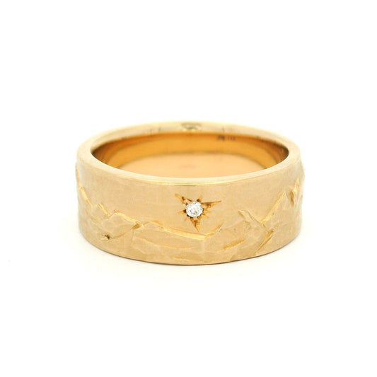 14K Yellow Gold Carved Mountain Range Band with Natural Accent Diamonds