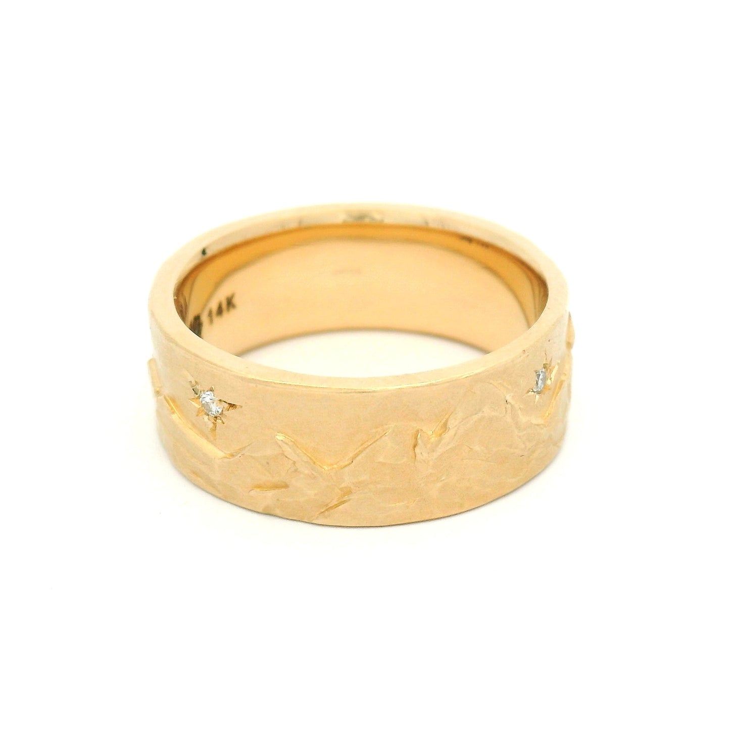 14K Yellow Gold Carved Mountain Range Band with Natural Accent Diamonds