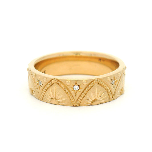 14K Yellow Gold Hand-Engraved Deco Band with Accent Diamonds
