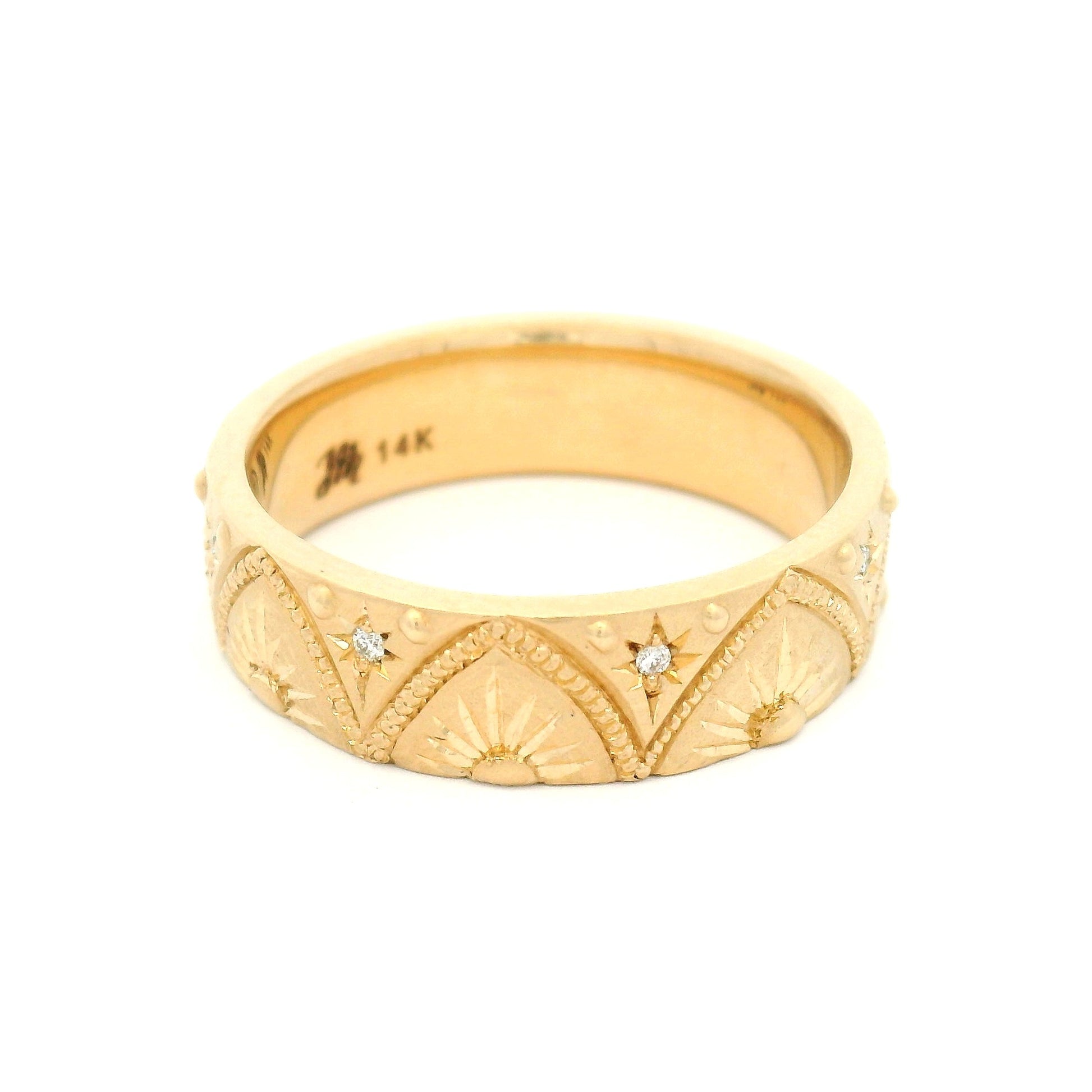 14K Yellow Gold Hand-Engraved Deco Band with Accent Diamonds