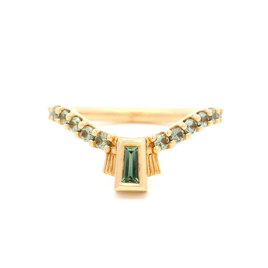 14k Yellow Contoured Band 0.50ct Teal Tapered Sapphire & Green Accent Sapphires