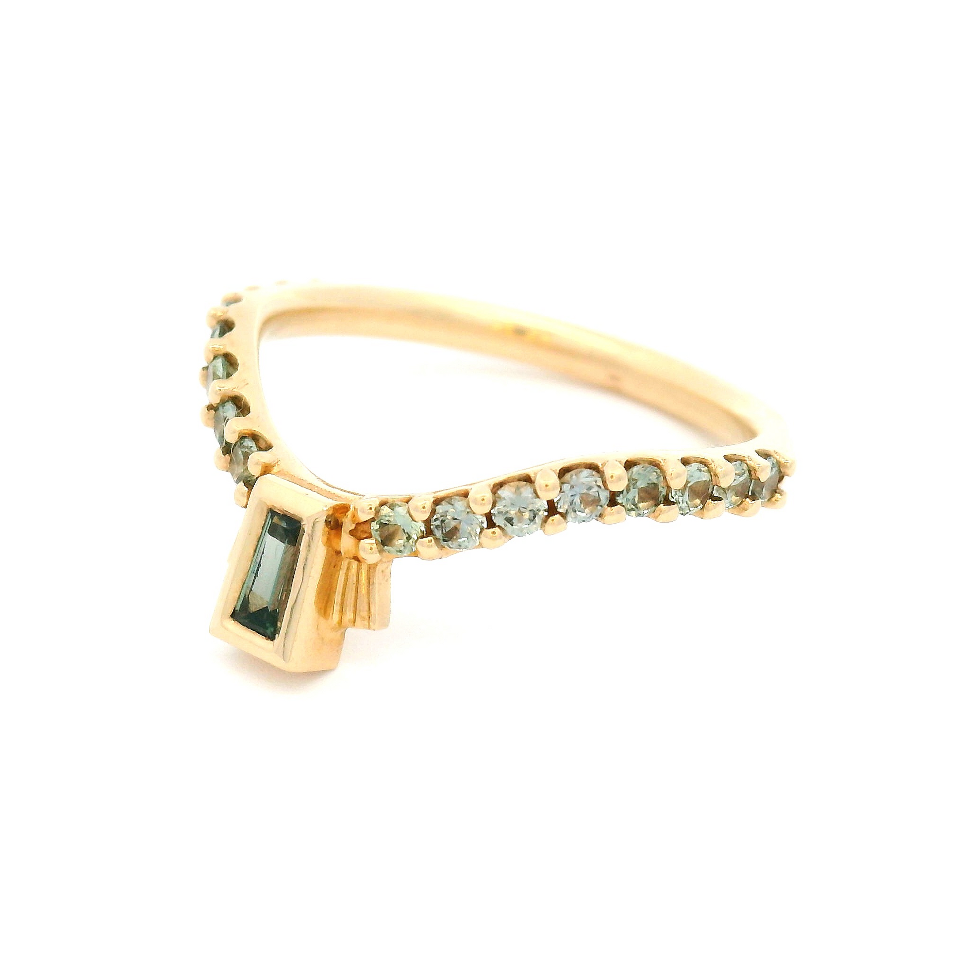 14k Yellow Contoured Band 0.50ct Teal Tapered Sapphire & Green Accent Sapphires
