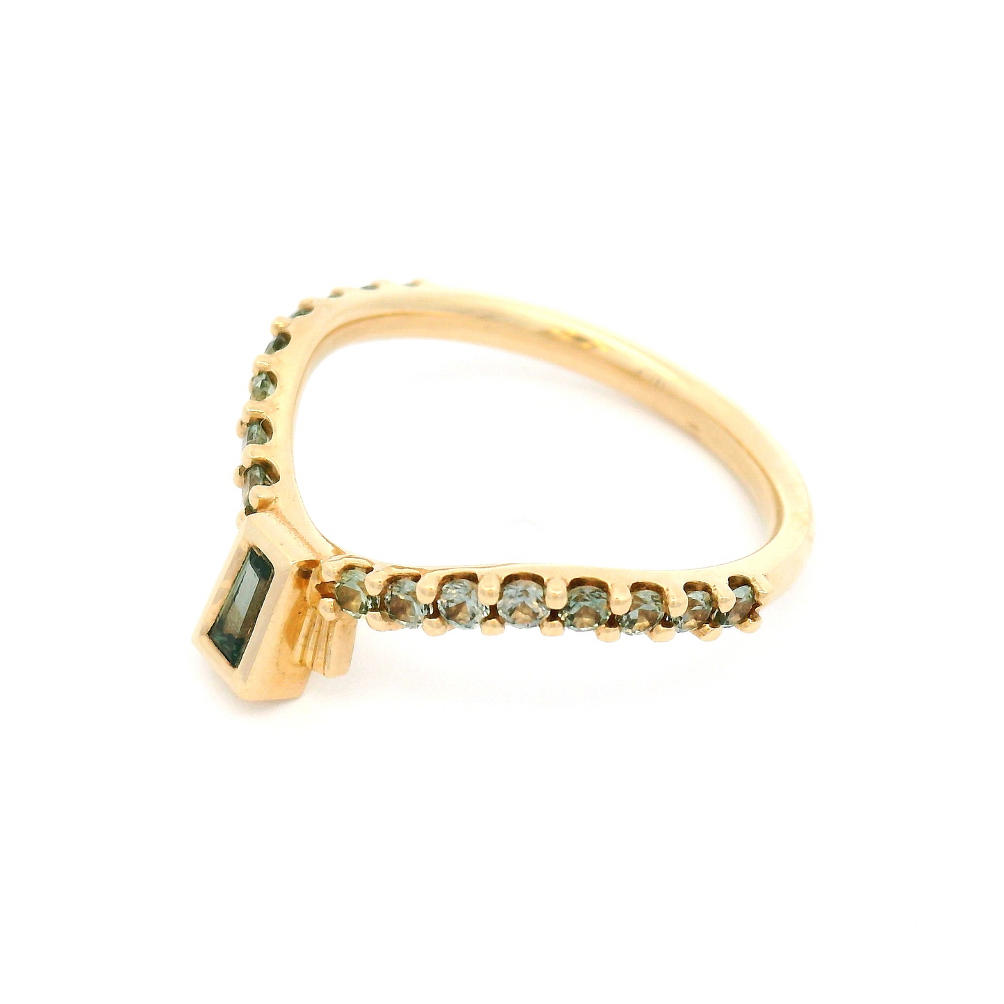 14k Yellow Contoured Band 0.50ct Teal Tapered Sapphire & Green Accent Sapphires