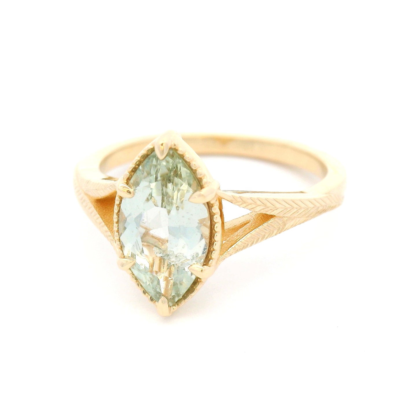 14k Yellow Split-Shank Engraved Solitaire with 1.71ct Mint Marquise Sapphire
