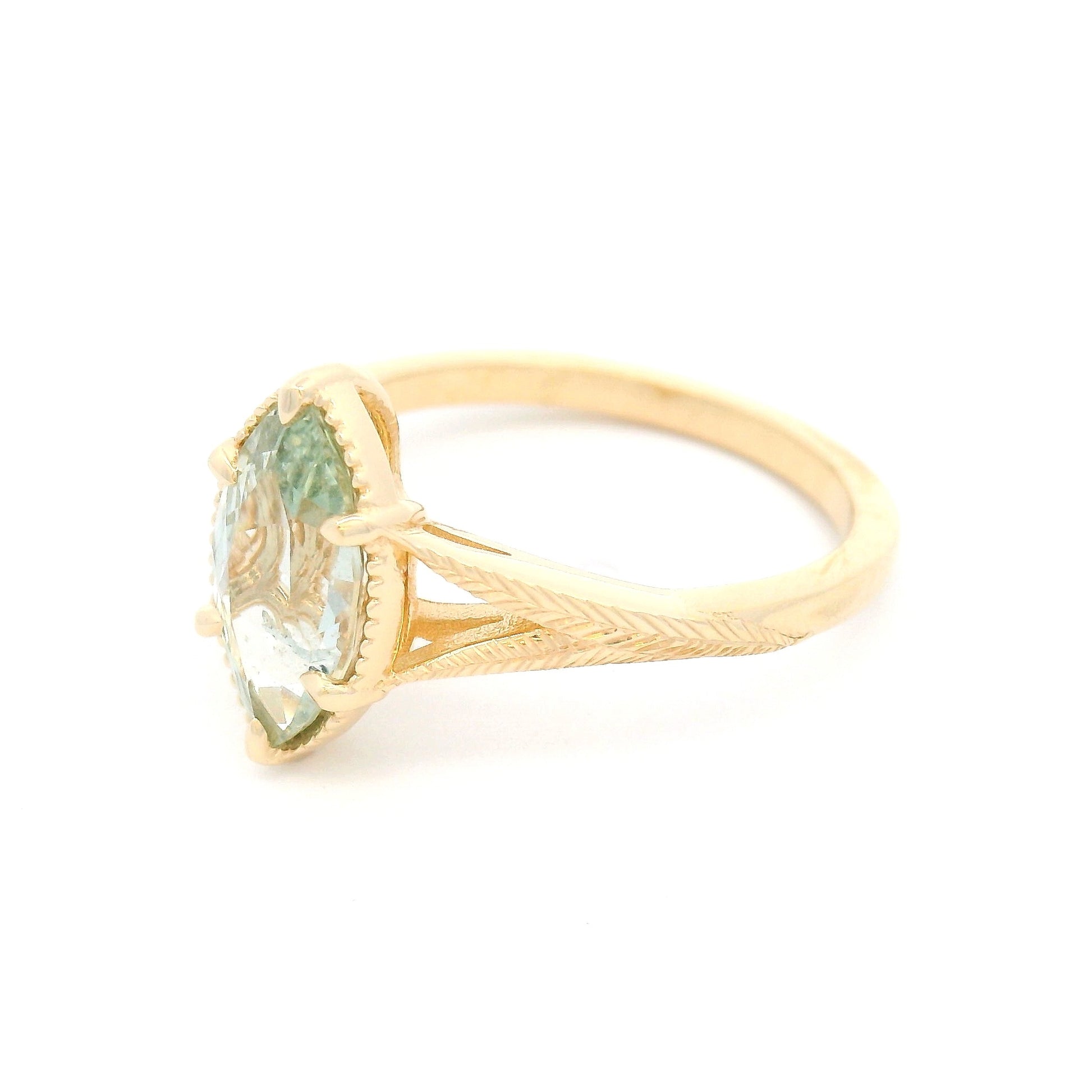 14k Yellow Split-Shank Engraved Solitaire with 1.71ct Mint Marquise Sapphire