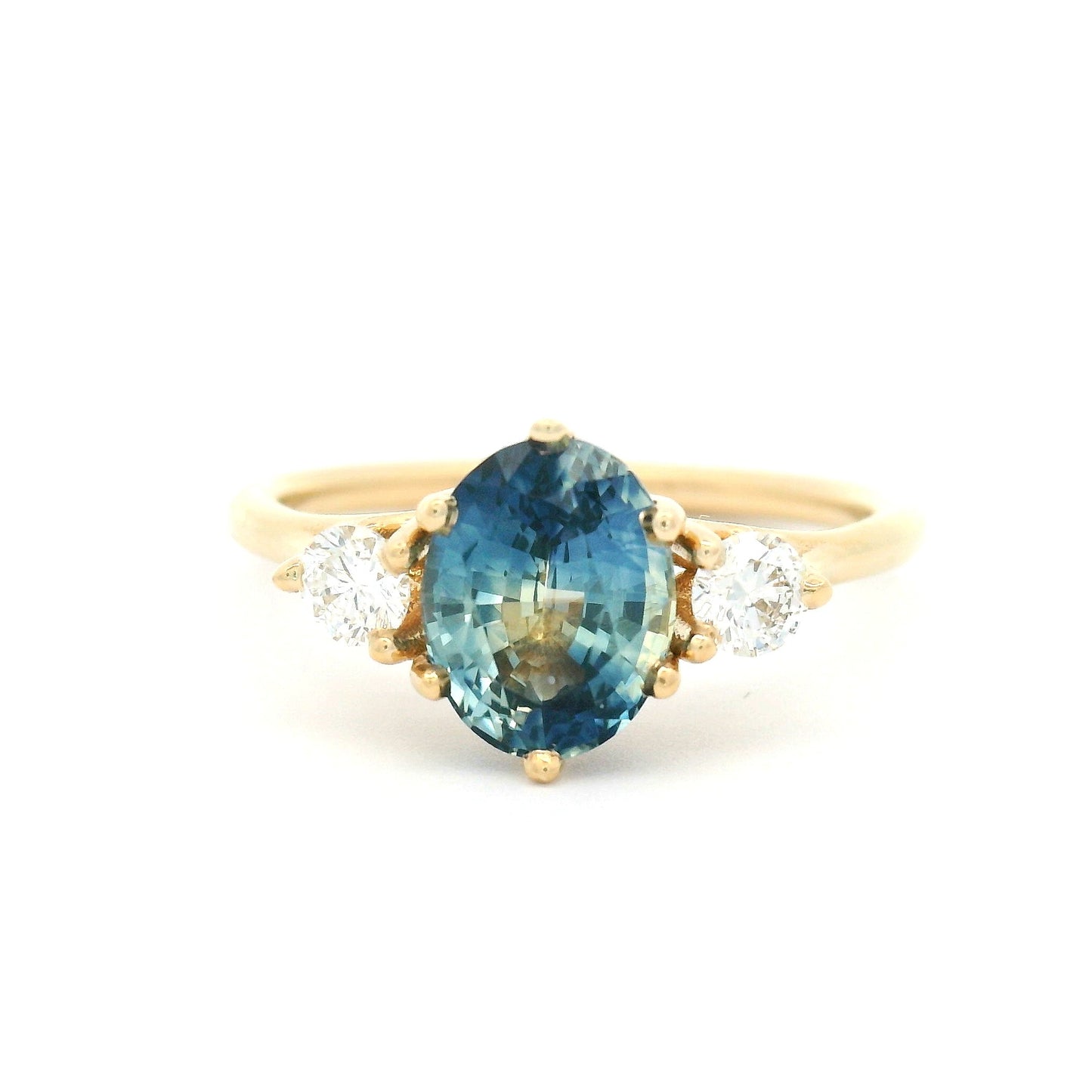 14k Yellow Three-Stone Ring with 1.65ct Natural Parti Blue Sapphire Natural Accent Diamonds